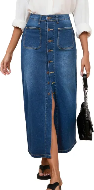 Jean Skirt for Women Denim Skirt High Waist Stretch Midi Denim Skirts with Pockets