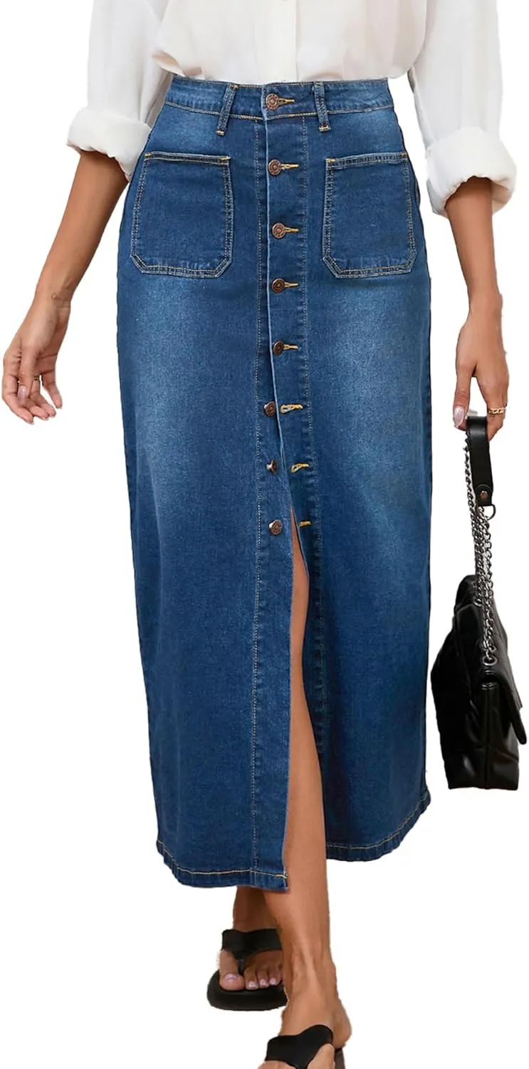 Jean Skirt for Women Denim Skirt High Waist Stretch Midi Denim Skirts with Pockets