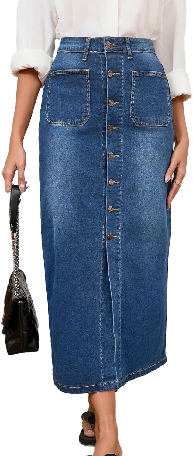 Jean Skirt for Women Denim Skirt High Waist Stretch Midi Denim Skirts with Pockets