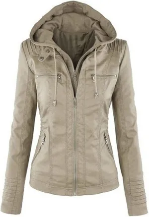 JEsilunmaMY Women's Hooded Leather Jacket Long Sleeve Zip Up Short Biker Coat with Pocket Slim Fit Motorcycle Bomber Outwear