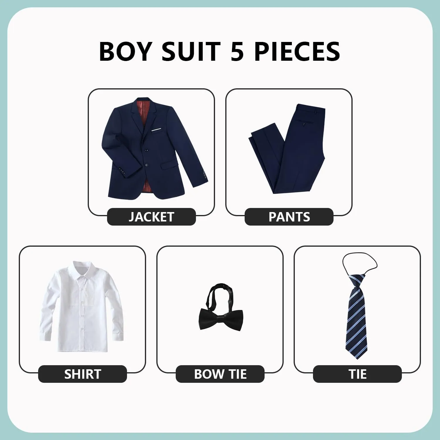 JPF Boys Formal Suits Slim Fit 5 Piece Kids Suit Jacket Pants Set with Dress Shirt and Tie for Wedding Prom