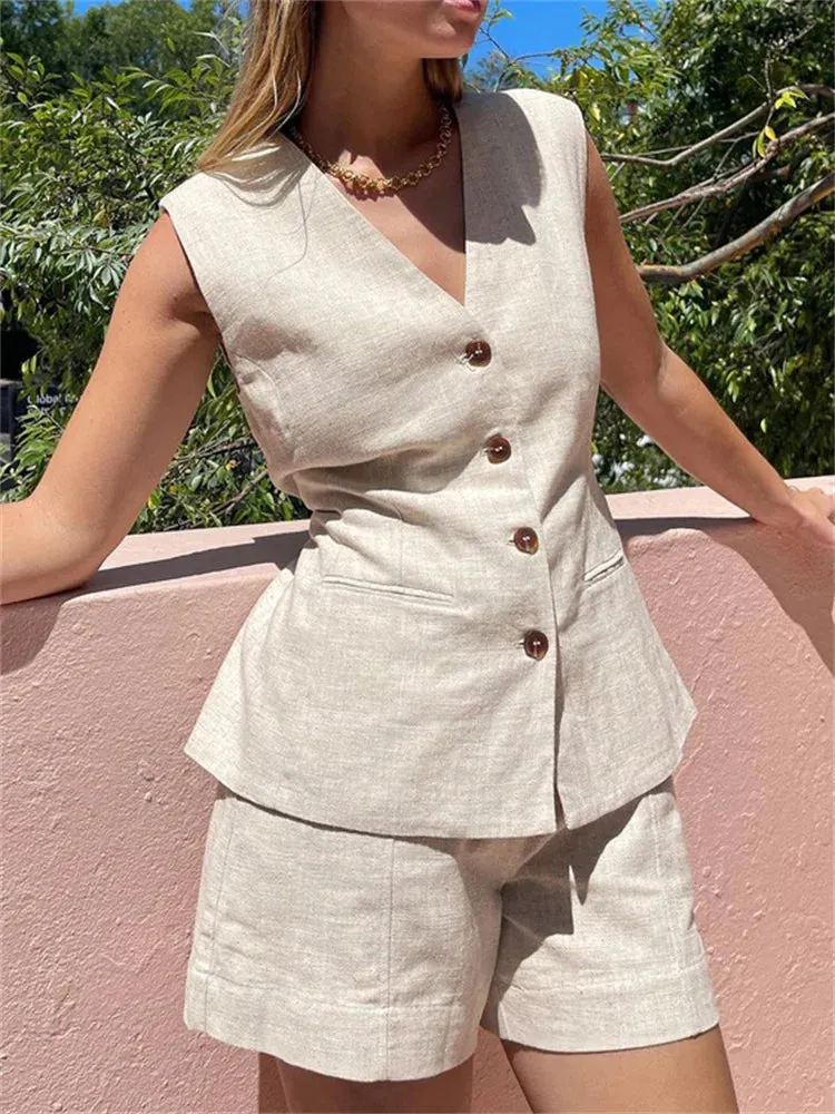 Linen Blend Shorts Suit with Vest for Women