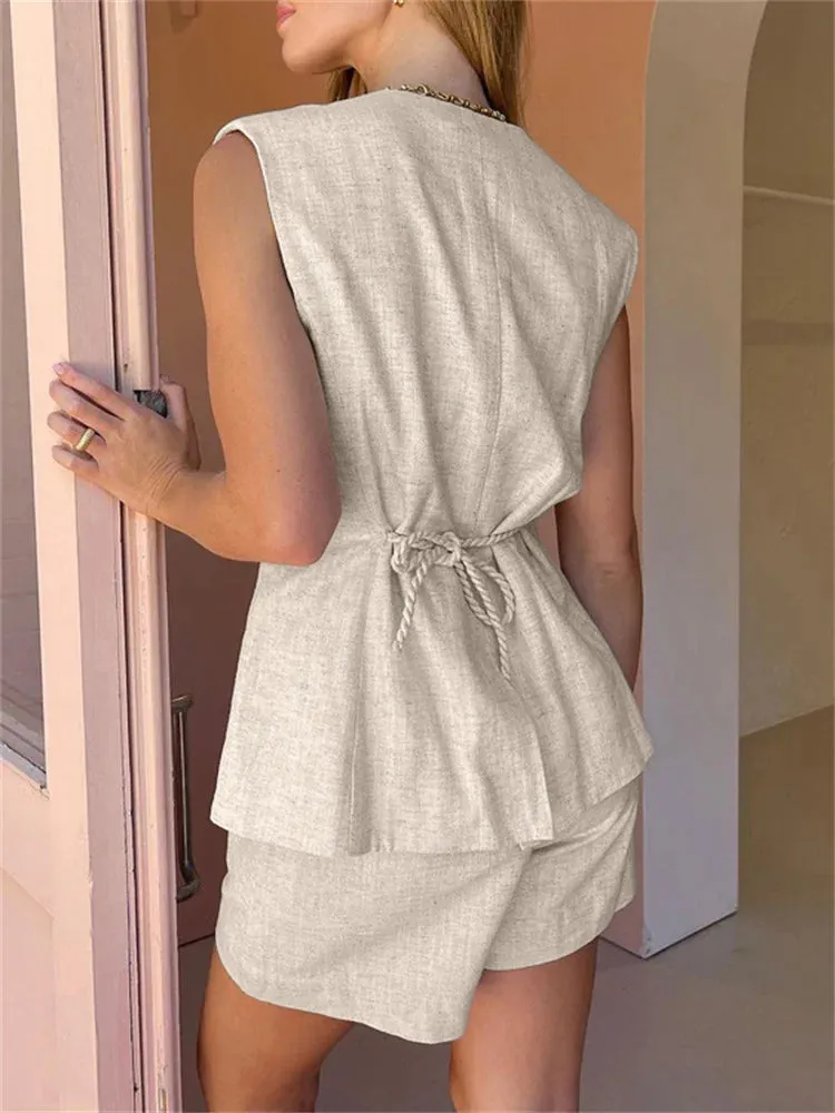Linen Blend Shorts Suit with Vest for Women