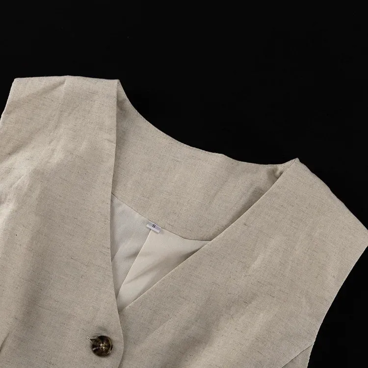 Linen Blend Shorts Suit with Vest for Women