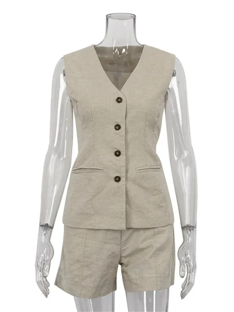 Linen Blend Shorts Suit with Vest for Women
