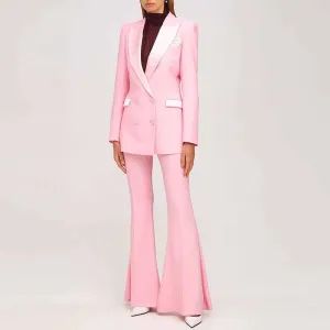 Long Sleeves Pink Blazer Pantsuits Two Piece Pantsuit Flare Trousers Set