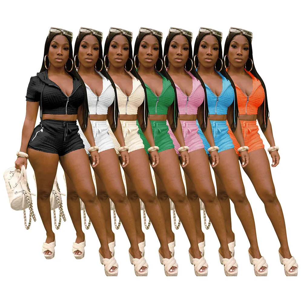 MB FASHION Textured Zip-Up Crop Hoodie & Shorts Set 8182LY