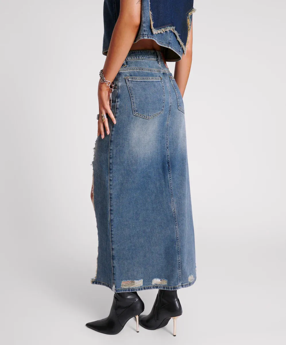 MEMPHIS HIGH WAIST SHREDDED MAXI SKIRT