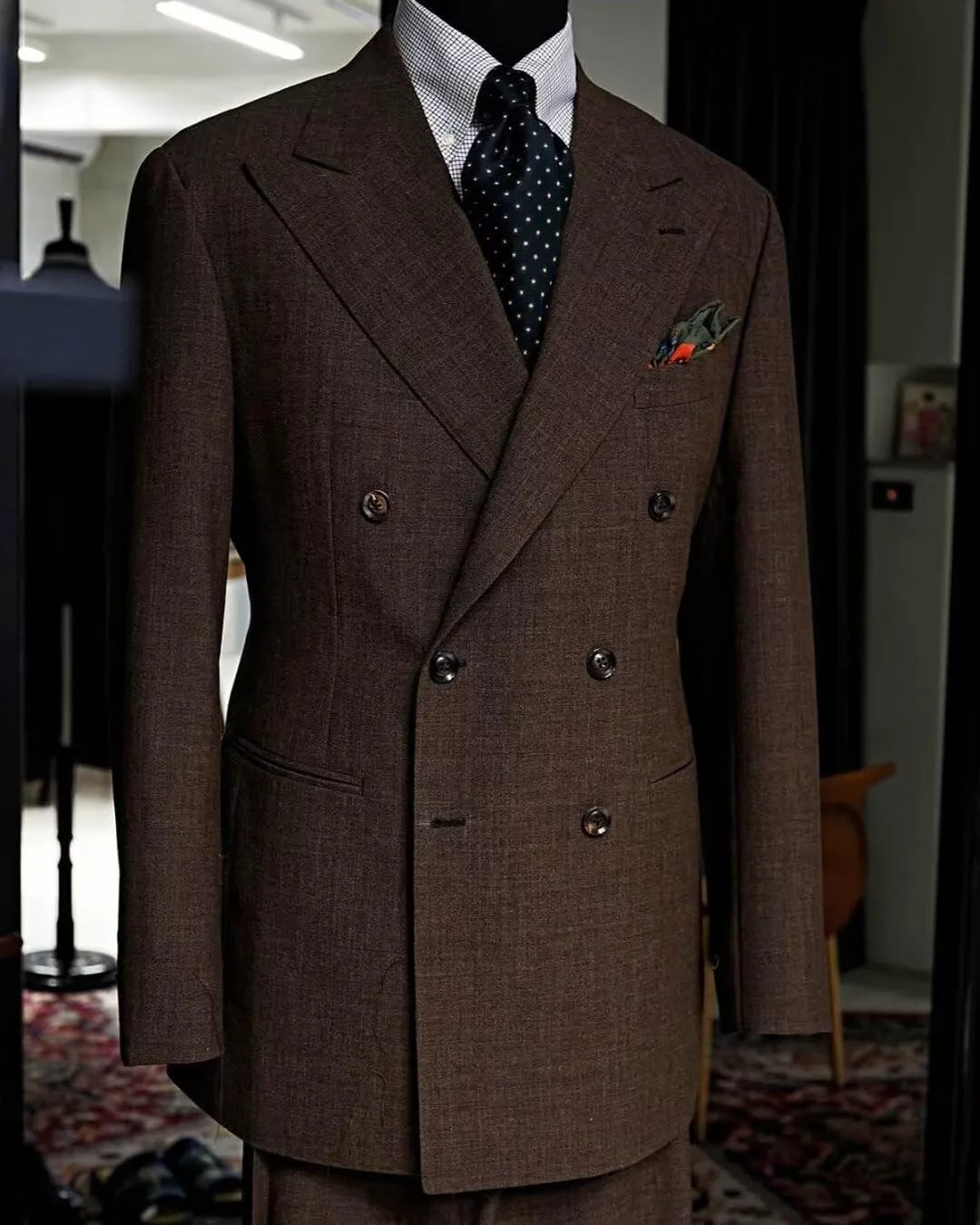 Men's Linen Suit Double Breasted Jacket Peak Lapel Two Pieces Formal Dinner Tuxedos