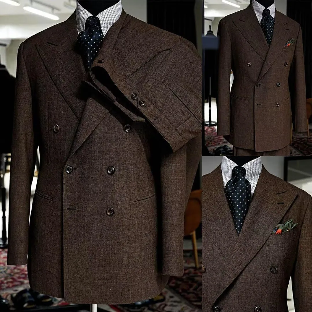 Men's Linen Suit Double Breasted Jacket Peak Lapel Two Pieces Formal Dinner Tuxedos