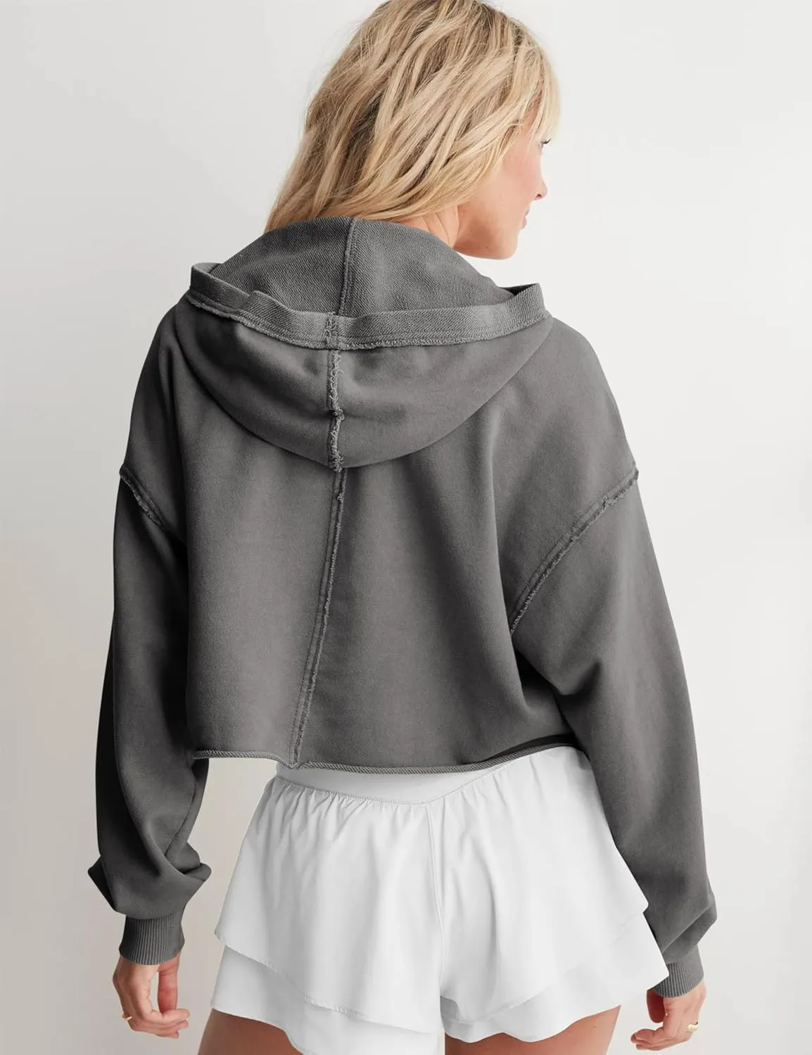 Mingzhu Womens Cropped Sweatshirt Loose V Neck Hoodies Casual Long Sleeve Workout Hooded Sweatshirt Tops