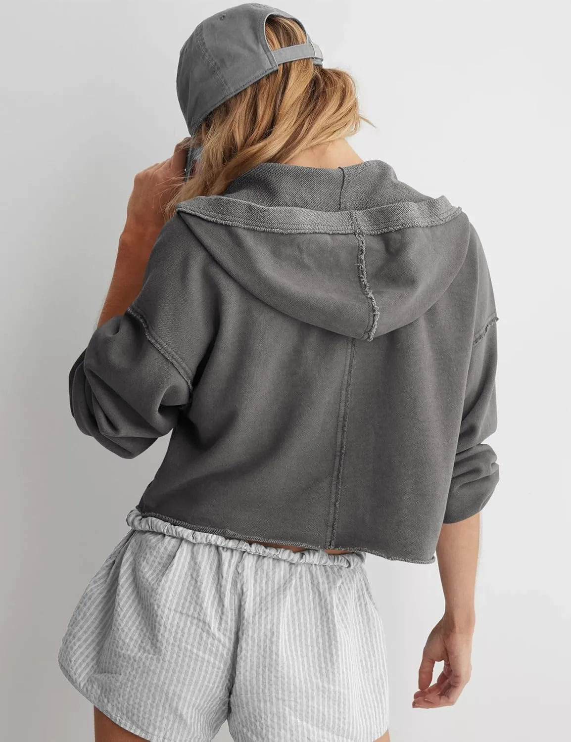 Mingzhu Womens Cropped Sweatshirt Loose V Neck Hoodies Casual Long Sleeve Workout Hooded Sweatshirt Tops