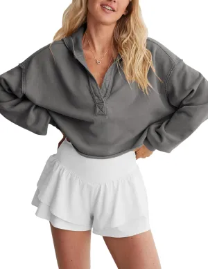 Mingzhu Womens Cropped Sweatshirt Loose V Neck Hoodies Casual Long Sleeve Workout Hooded Sweatshirt Tops