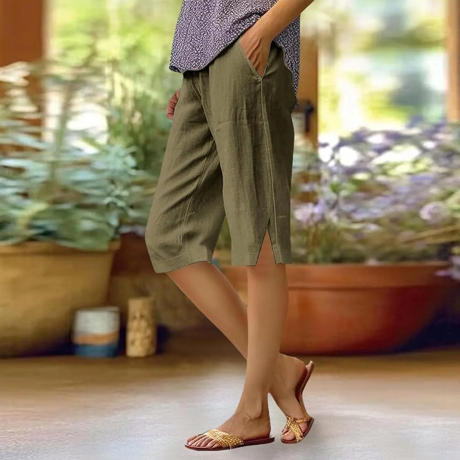 Pedal Pushers for Women Lightweight Linen Capri Pants Casual Elastic Waist Bermuda Shorts Summer Beach Pant