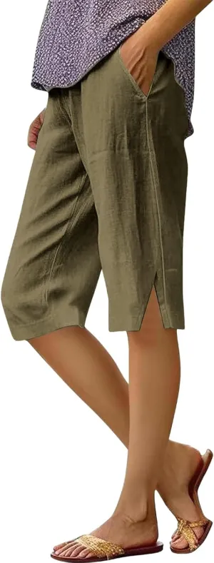 Pedal Pushers for Women Lightweight Linen Capri Pants Casual Elastic Waist Bermuda Shorts Summer Beach Pant
