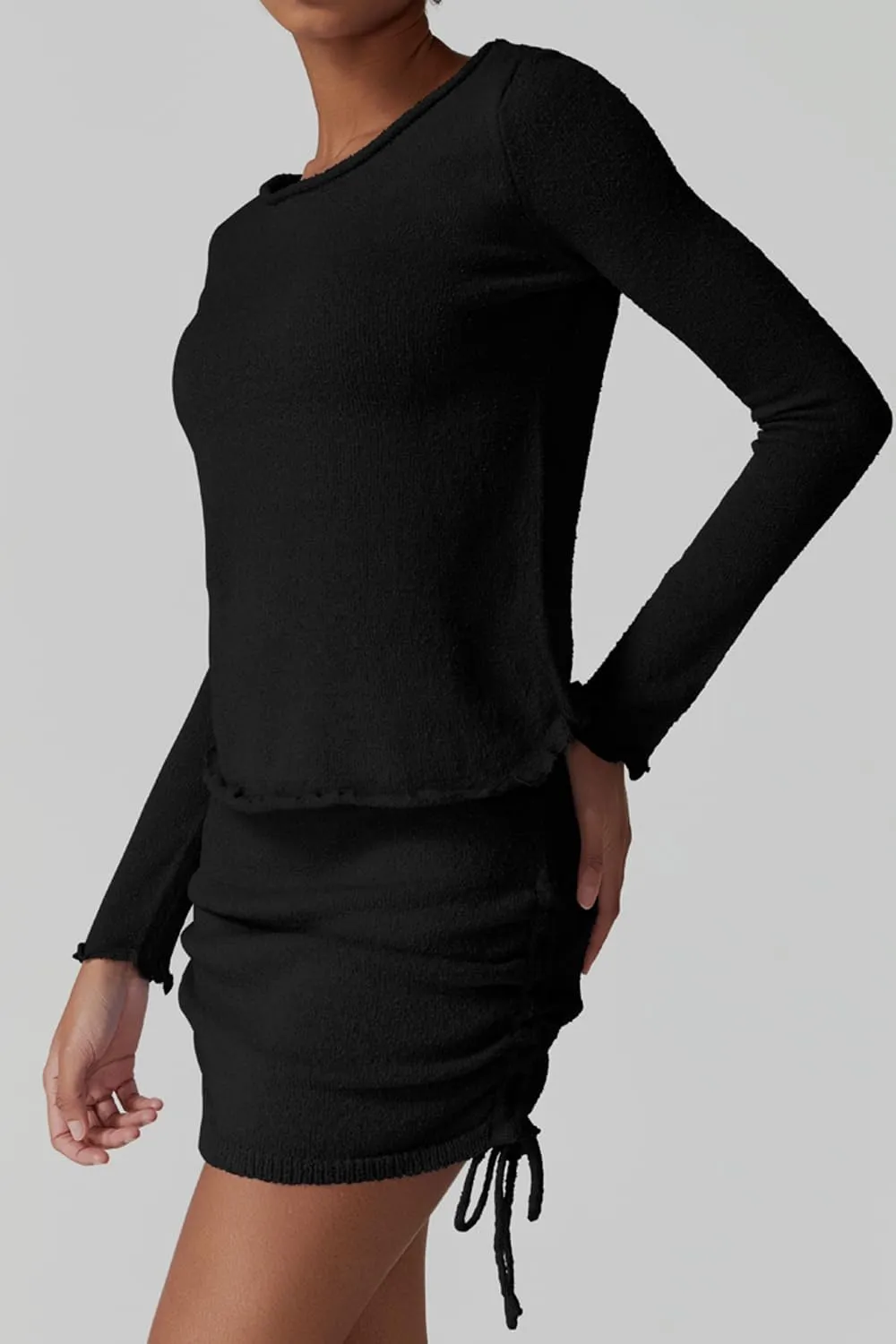 QINSEN Womens Crewneck Lettuce Hem Long Sleeve Knit Top with Drawsting Tie Skirt 2PCS Sweater Set