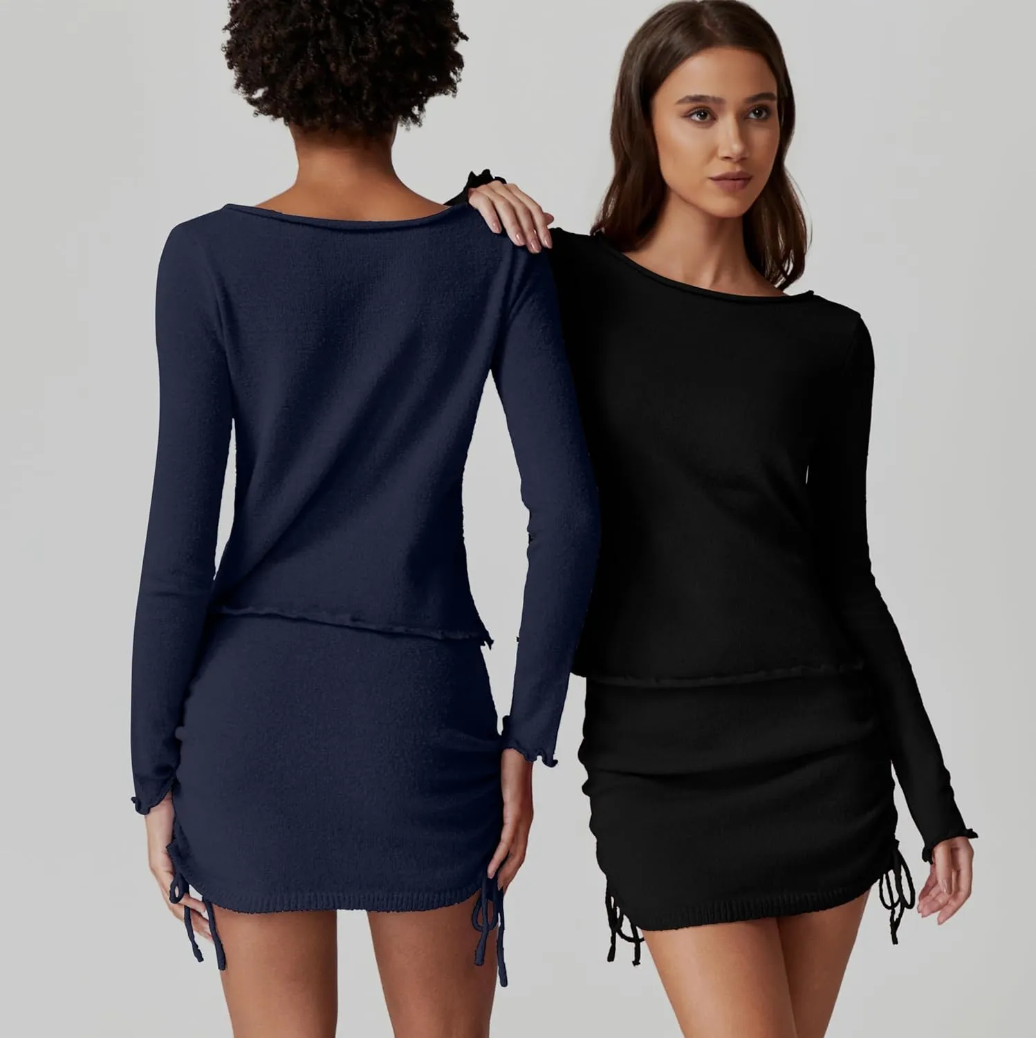 QINSEN Womens Crewneck Lettuce Hem Long Sleeve Knit Top with Drawsting Tie Skirt 2PCS Sweater Set