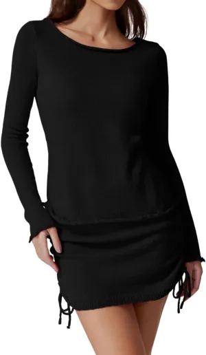 QINSEN Womens Crewneck Lettuce Hem Long Sleeve Knit Top with Drawsting Tie Skirt 2PCS Sweater Set