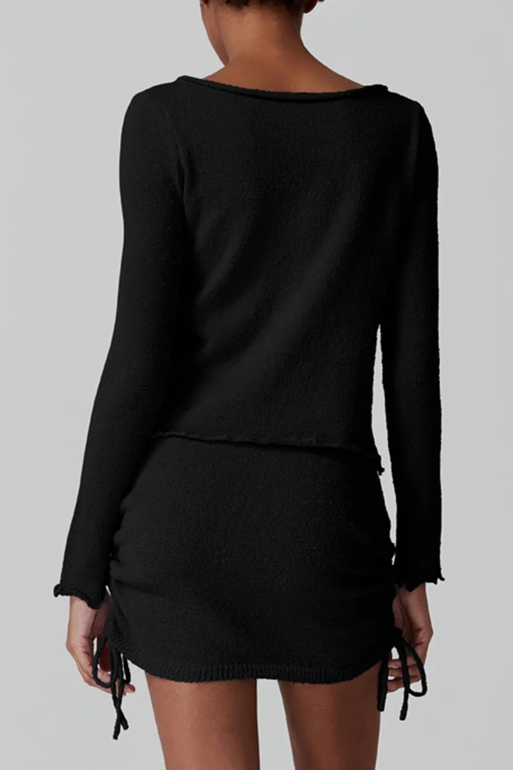 QINSEN Womens Crewneck Lettuce Hem Long Sleeve Knit Top with Drawsting Tie Skirt 2PCS Sweater Set