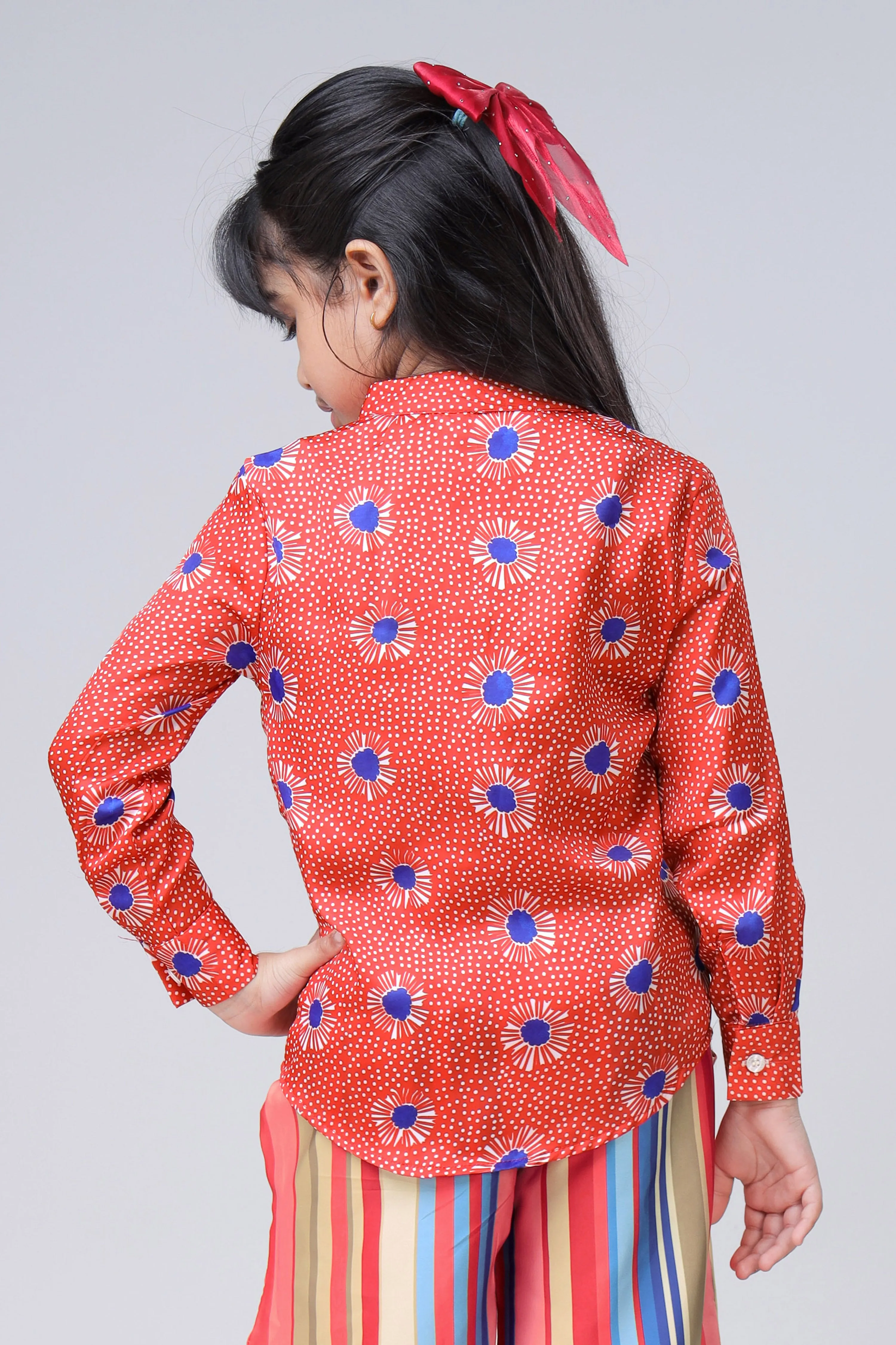 Red Floral Mandarin Collar  Shirt For Girls