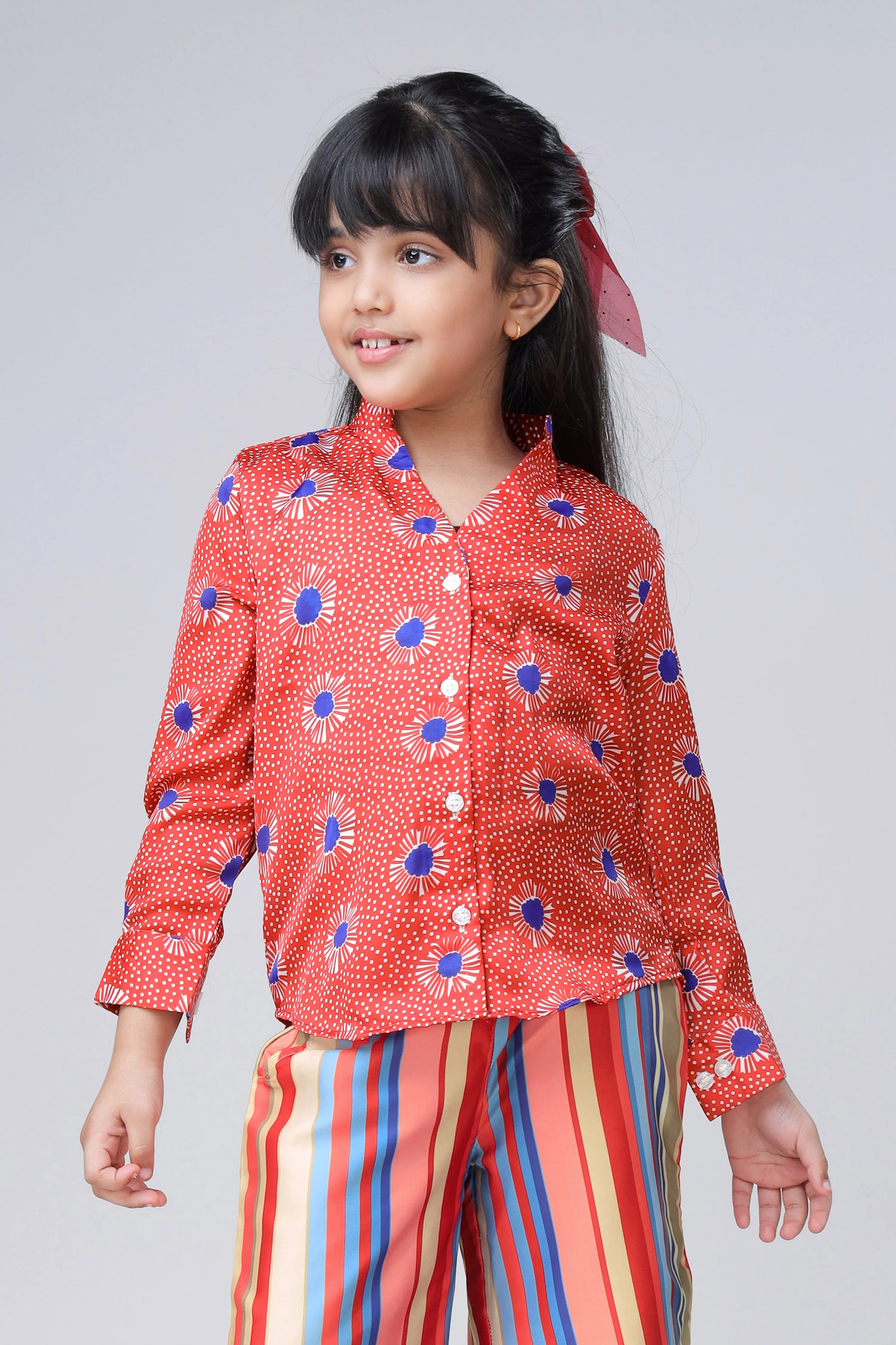 Red Floral Mandarin Collar  Shirt For Girls