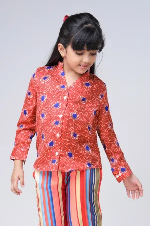 Red Floral Mandarin Collar  Shirt For Girls