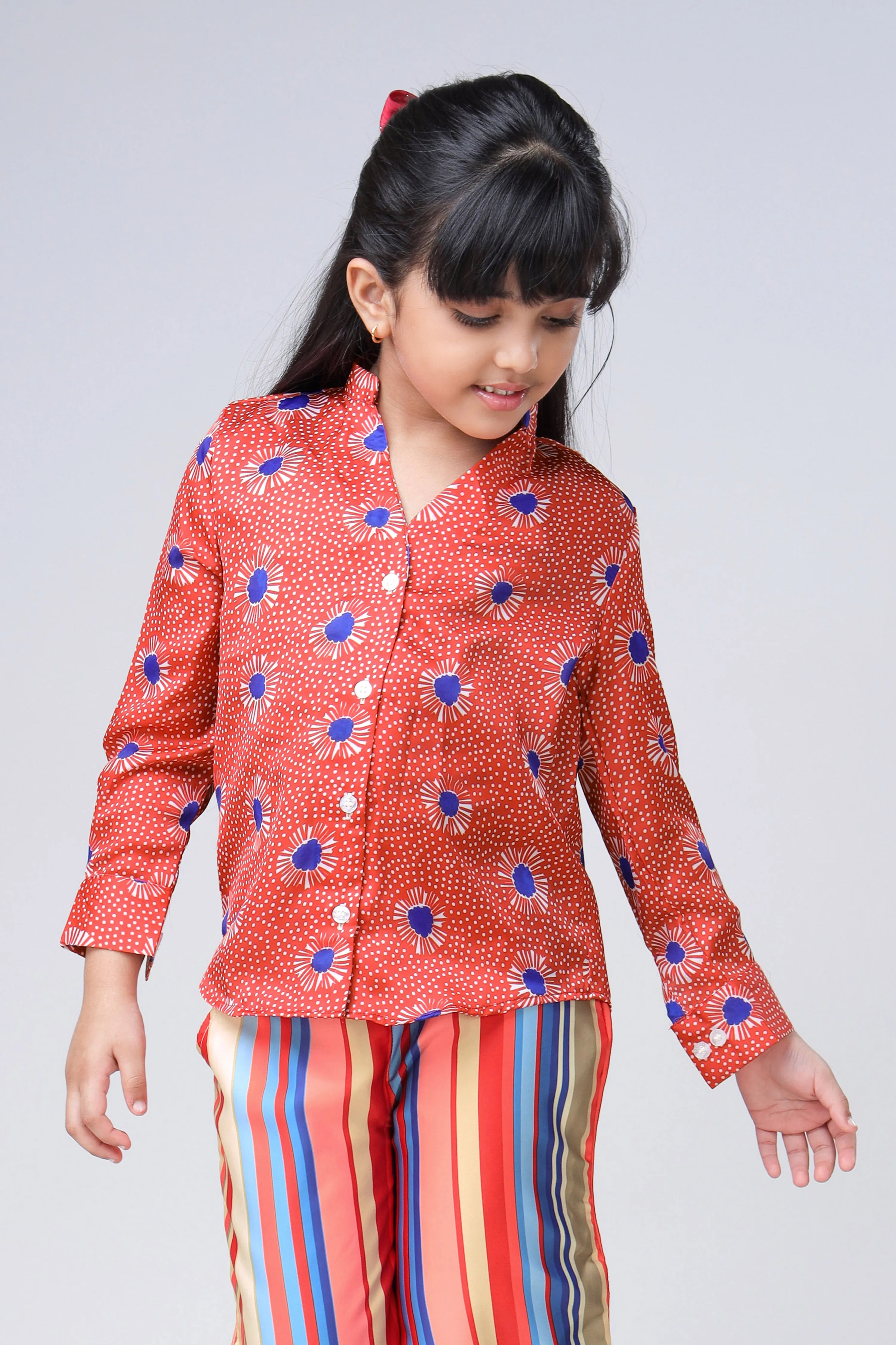 Red Floral Mandarin Collar  Shirt For Girls