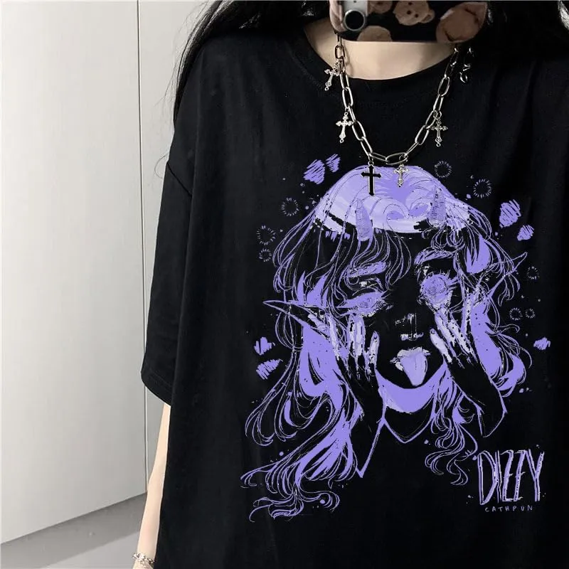Short Sleeve Oversized Anime T-Shirt Women Youth Beautiful Gothic Harajuku Aesthetic Elf Tops Y2B