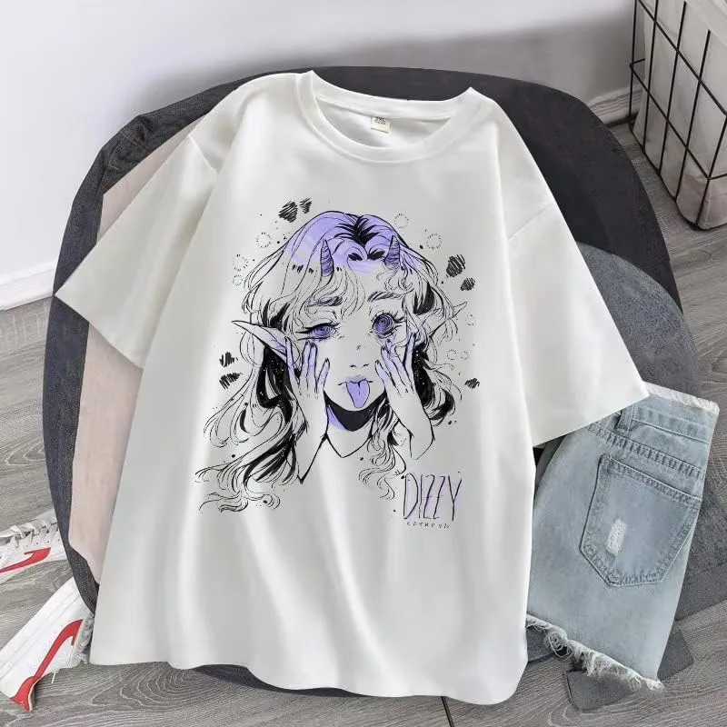 Short Sleeve Oversized Anime T-Shirt Women Youth Beautiful Gothic Harajuku Aesthetic Elf Tops Y2B