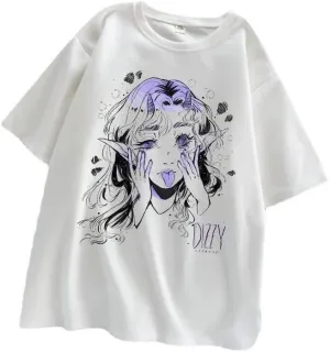Short Sleeve Oversized Anime T-Shirt Women Youth Beautiful Gothic Harajuku Aesthetic Elf Tops Y2B