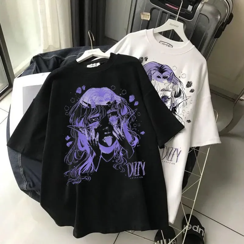 Short Sleeve Oversized Anime T-Shirt Women Youth Beautiful Gothic Harajuku Aesthetic Elf Tops Y2B