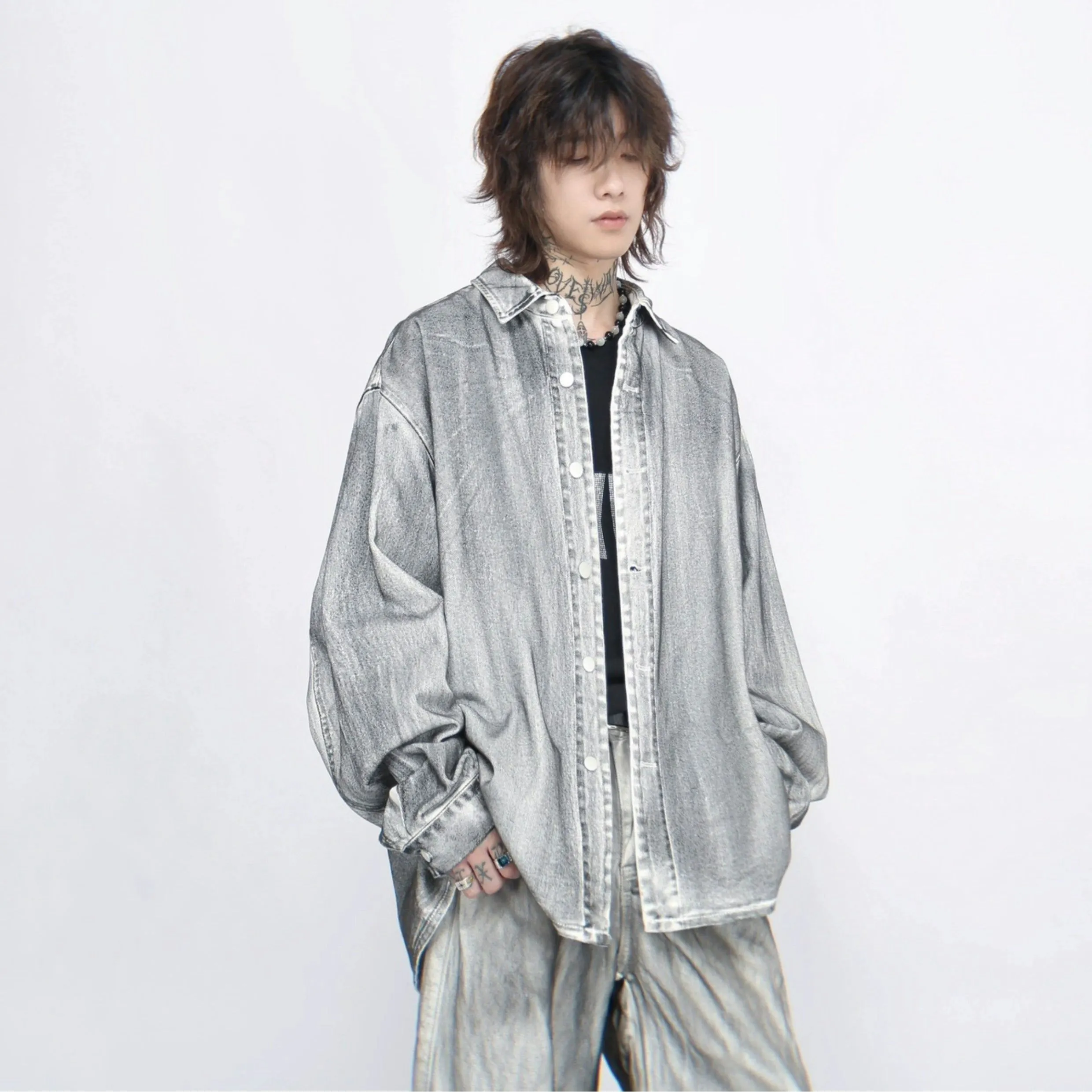 Stone Wash Button-Up Faded Denim Overshirt
