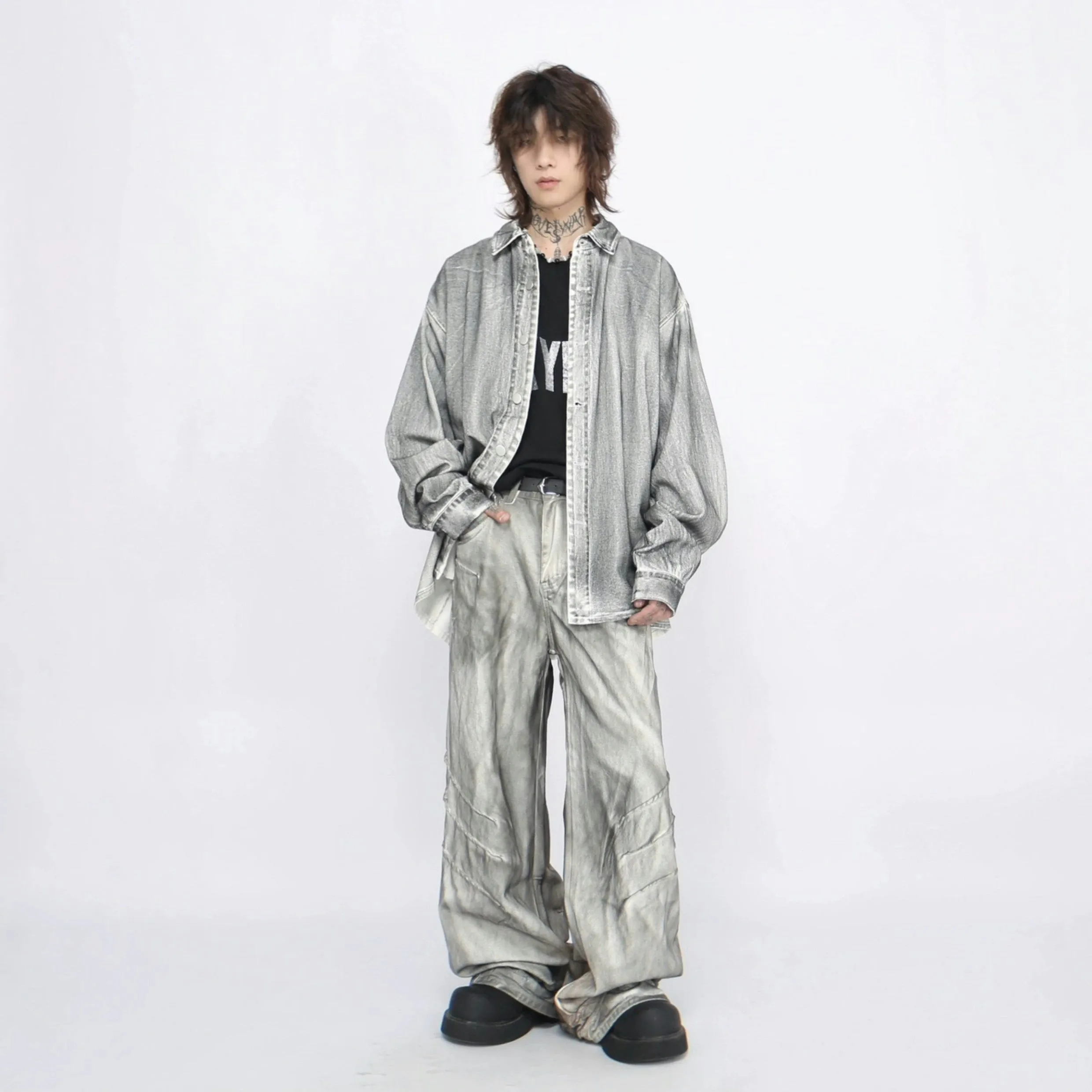Stone Wash Button-Up Faded Denim Overshirt
