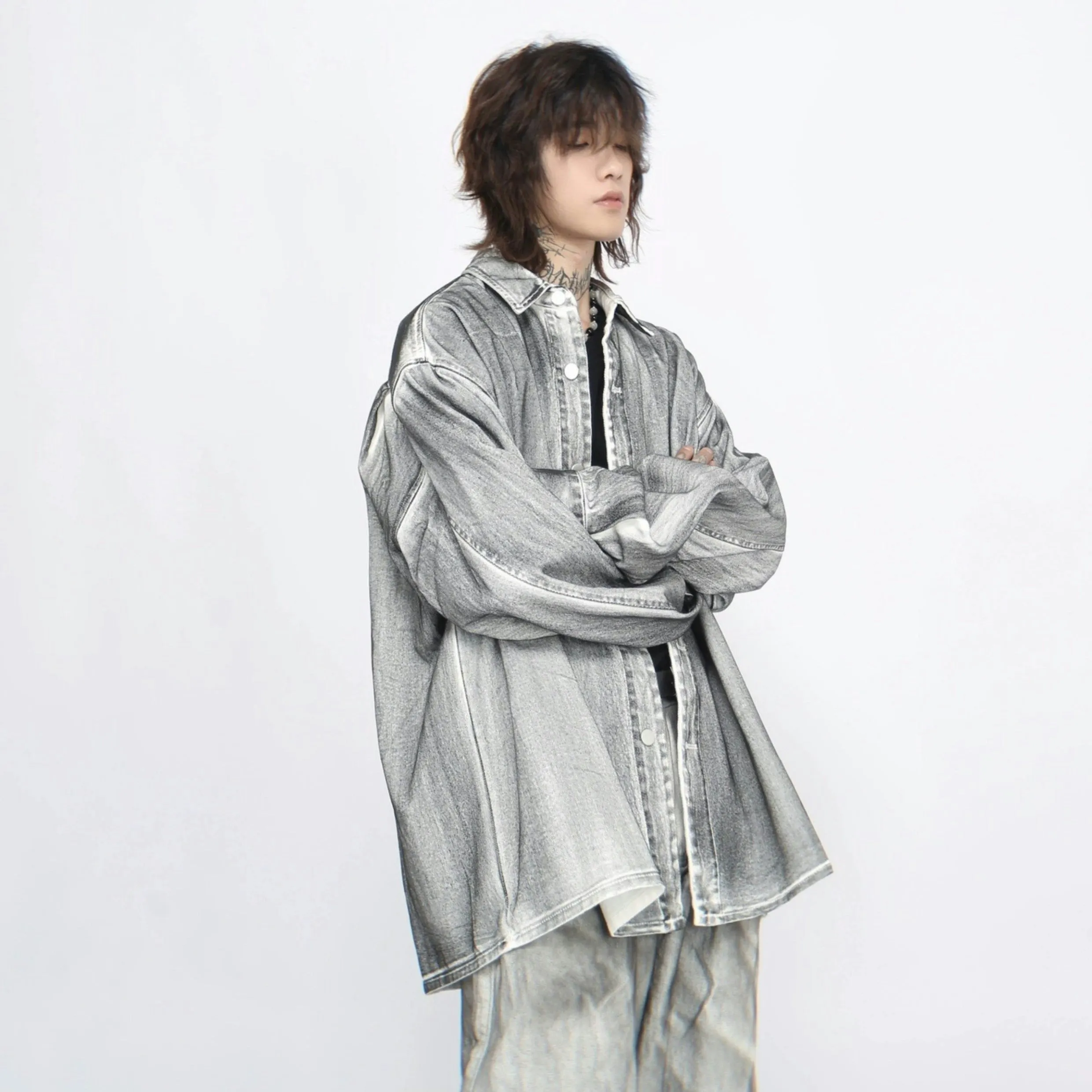 Stone Wash Button-Up Faded Denim Overshirt
