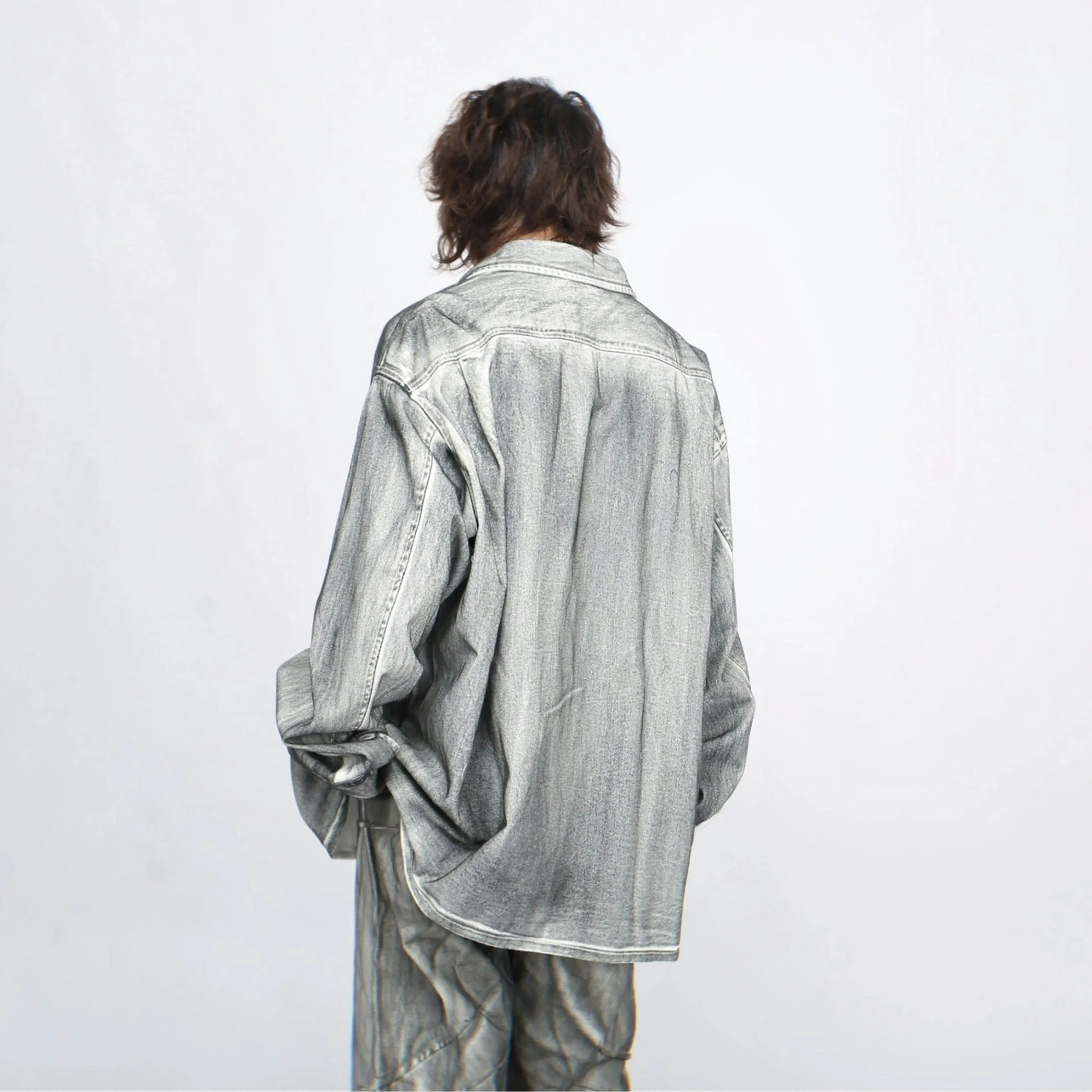 Stone Wash Button-Up Faded Denim Overshirt