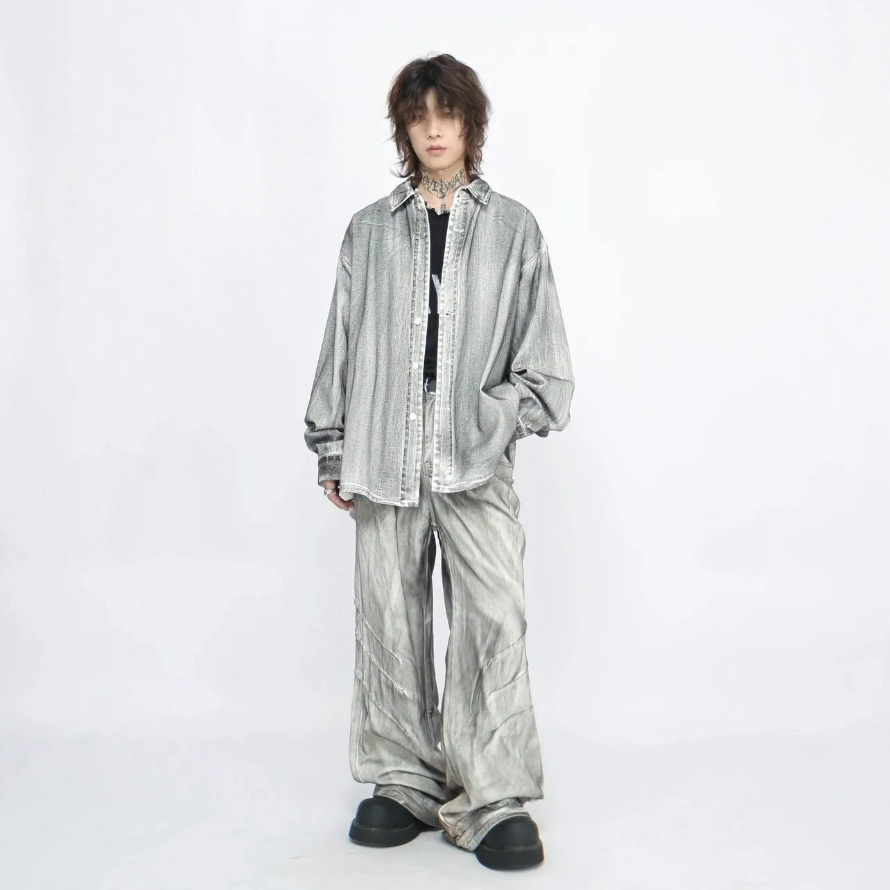 Stone Wash Button-Up Faded Denim Overshirt