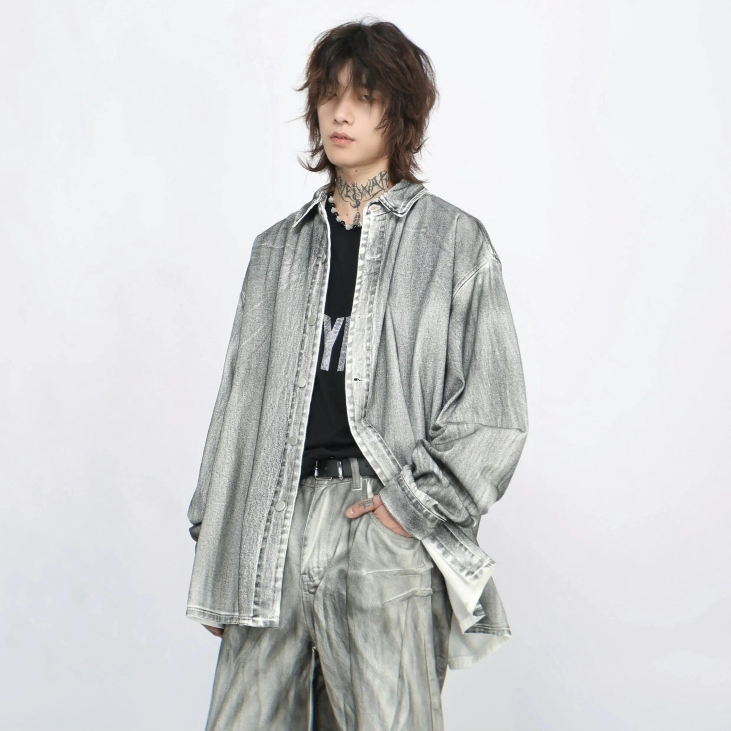 Stone Wash Button-Up Faded Denim Overshirt