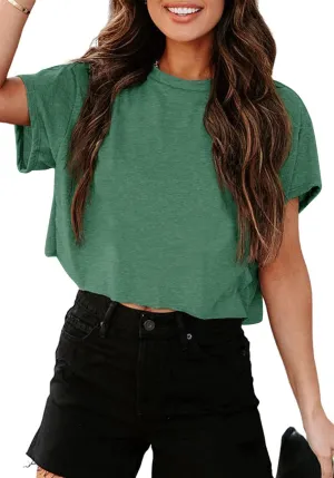 Tankaneo Women Short Sleeve Cropped T-Shirts Crew Neck Loose Crop Tops Summer Casual Drop Shoulder Basic Tees