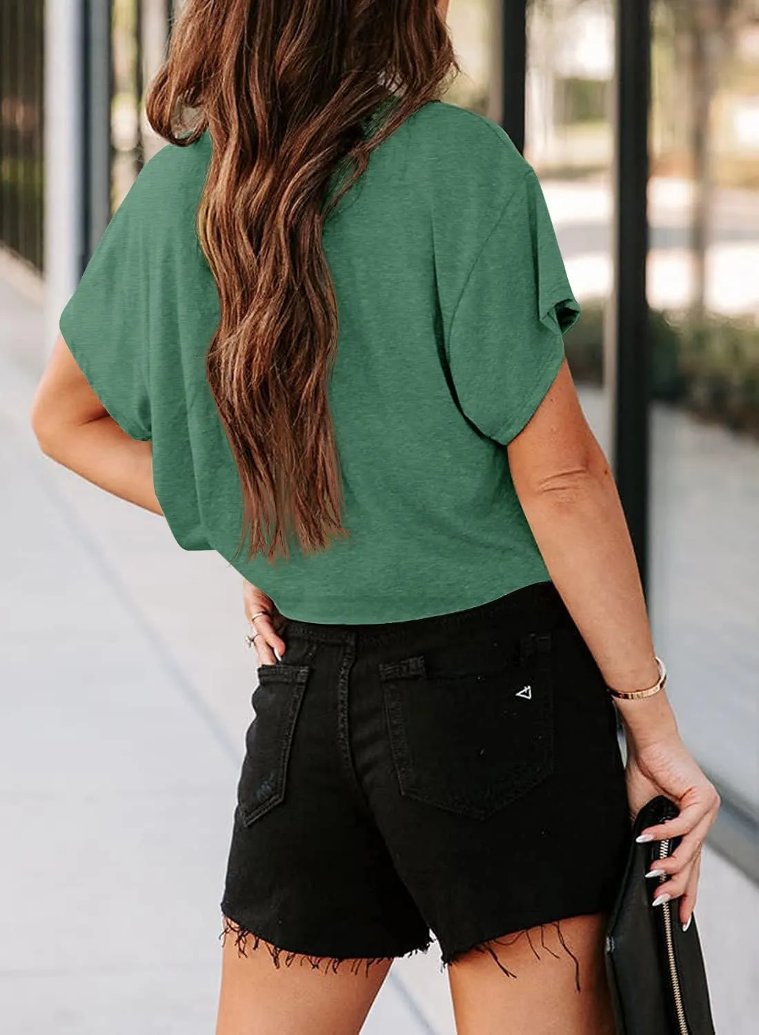 Tankaneo Women Short Sleeve Cropped T-Shirts Crew Neck Loose Crop Tops Summer Casual Drop Shoulder Basic Tees