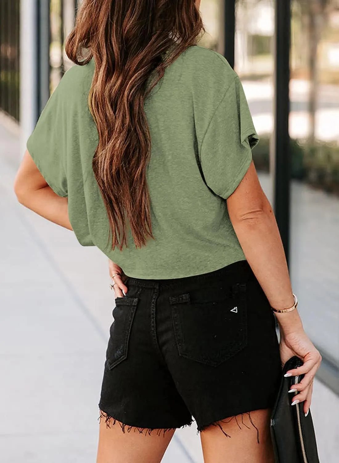 Tankaneo Women Short Sleeve Cropped T-Shirts Crew Neck Loose Crop Tops Summer Casual Drop Shoulder Basic Tees