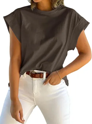 Tankaneo Womens Summer Cap Sleeve Tank Top Crew Neck Solid Casual Loose Fit Basic Tee Shirt