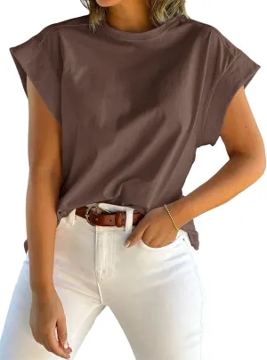 Tankaneo Womens Summer Cap Sleeve Tank Top Crew Neck Solid Casual Loose Fit Basic Tee Shirt