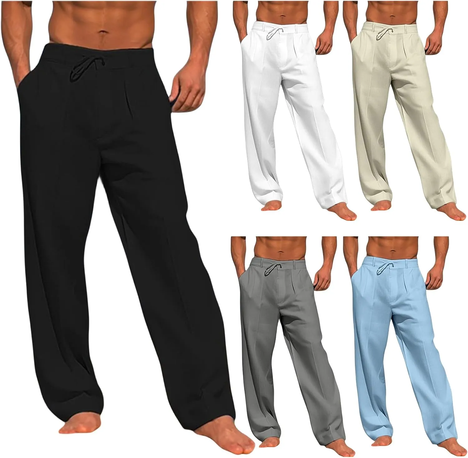 Wankang Men's Cotton Linen Pants Summer Casual Lightweight Relaxed Fit Drawstring Trousers Breathable Beach Pants for Men