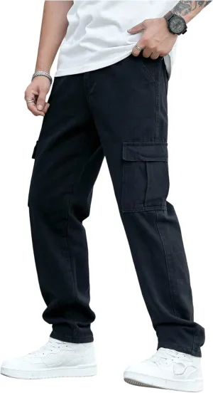 WDIRARA Men's Slim Fit Cargo Jeans Straight Leg Streetwear Denim Work Pants with Flap Pockets