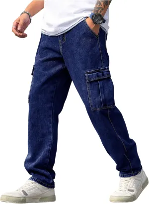 WDIRARA Men's Slim Fit Cargo Jeans Straight Leg Streetwear Denim Work Pants with Flap Pockets