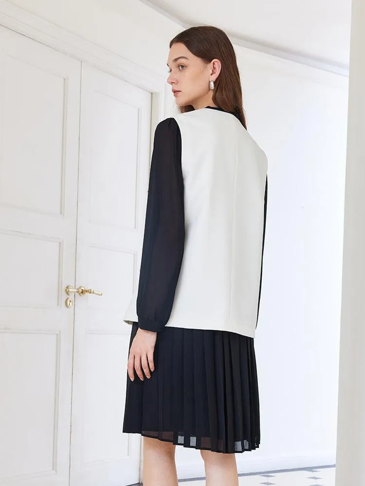 White Vest With Black Pleated Dress Two-Piece Dress