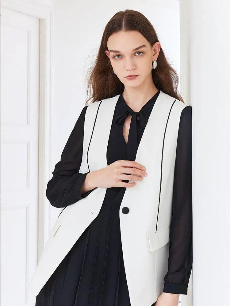 White Vest With Black Pleated Dress Two-Piece Dress
