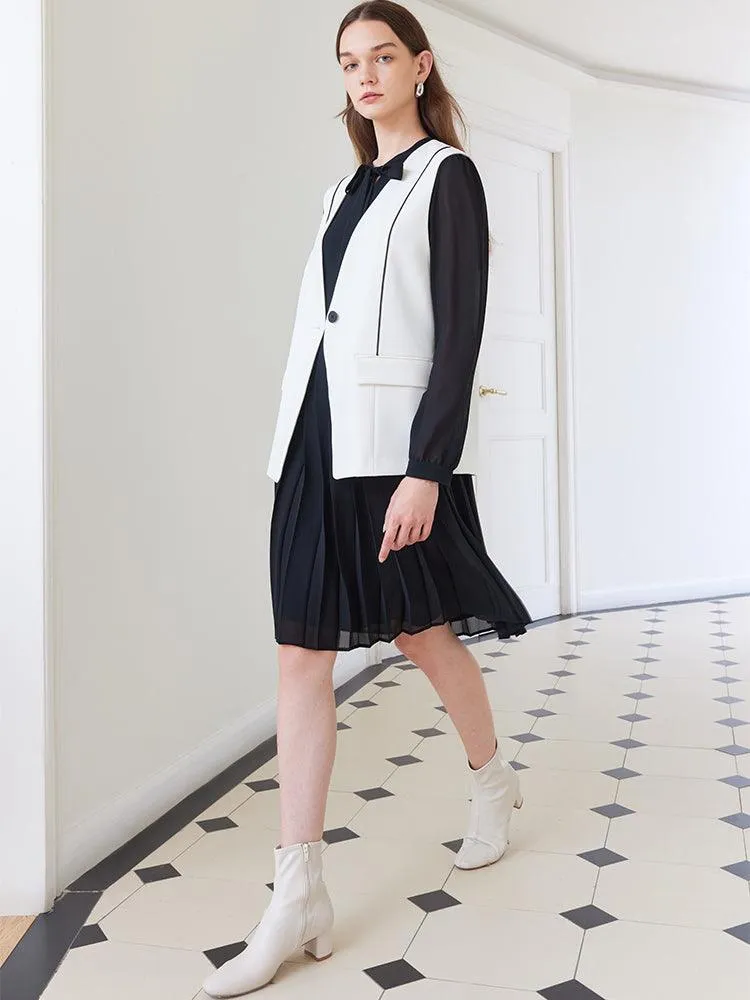 White Vest With Black Pleated Dress Two-Piece Dress