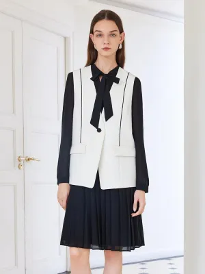 White Vest With Black Pleated Dress Two-Piece Dress