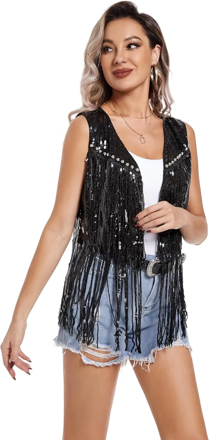Women Tassel Vest 70s Hippie Sparkly Fringe Sequin Jacket Cardigan Rivet Sleeveless Open Front Coat